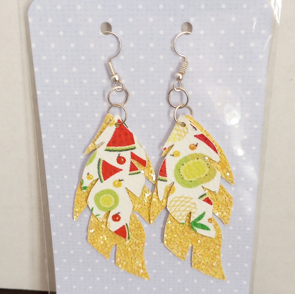 Fruit Salad Feather Faux‎ Leather Handcrafted New Earrings